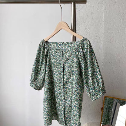 IELGY foreign style chiffon retro one-word collar floral summer design sense foreign style fashion short-sleeved shirt