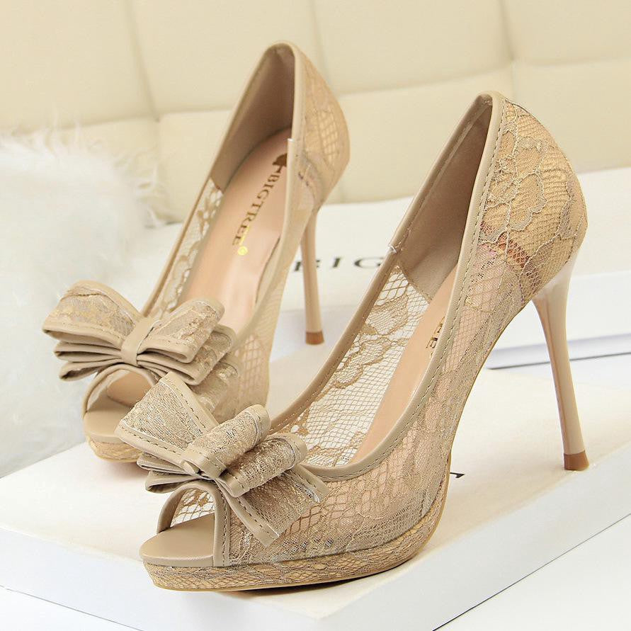 IELGY Fishtail High Heels Sexy Lace 9.5cm Stiletto Shallow Hollow Hollow Mesh Bow Women's Shoes