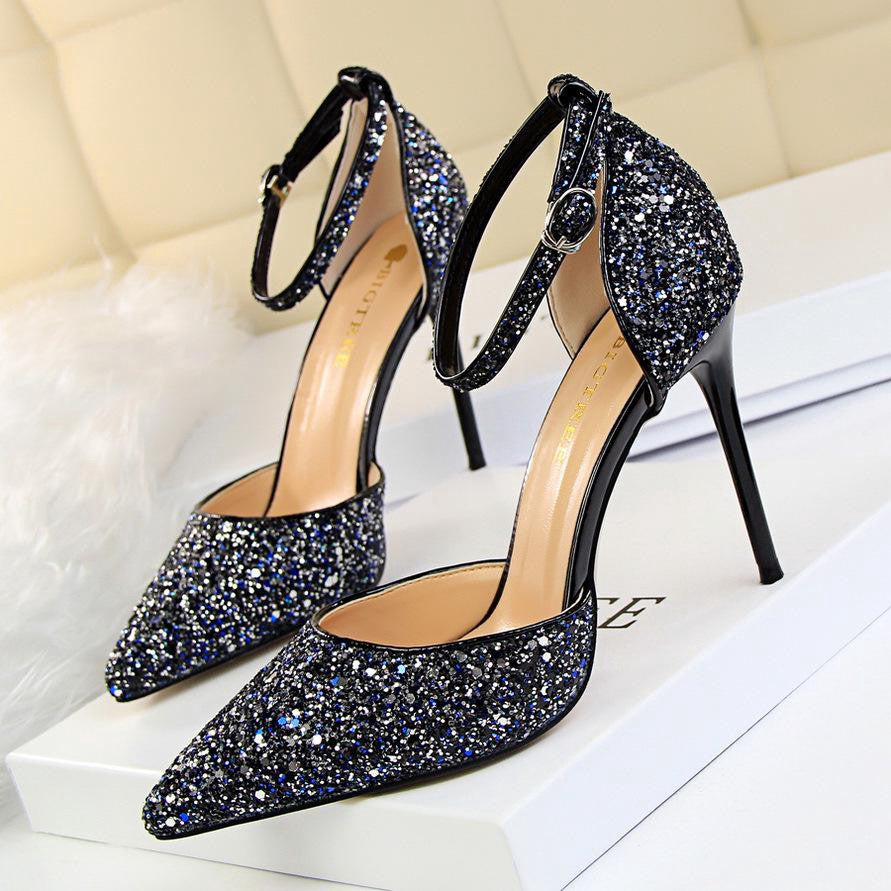 IELGY Stiletto heels shallow mouth pointed toe hollow sequins sexy nightclub was thin lady sandals