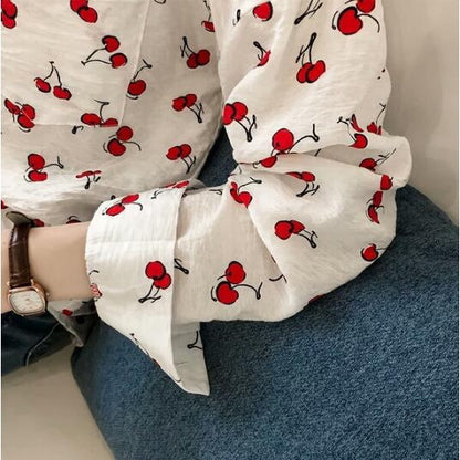 IELGY Long-sleeved shirt women's loose Korean sweet cherry print shirt bottoming shirt