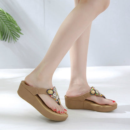 IELGY Large size sandals women leisure beach bohemian beaded 5cm wedge