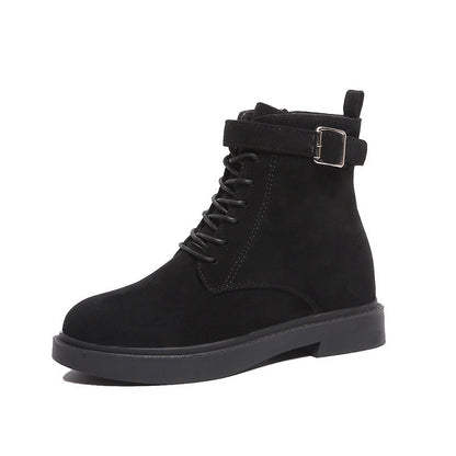 IELGY Fashion Belt Buckle Women's Boots Lace-up Flat Women Suede Korean Style