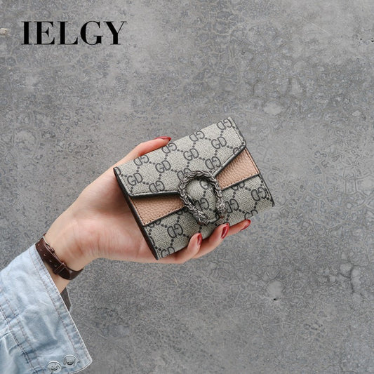 IELGY Women's purse women's short fashion multi card position three fold color contrast buckle handbag