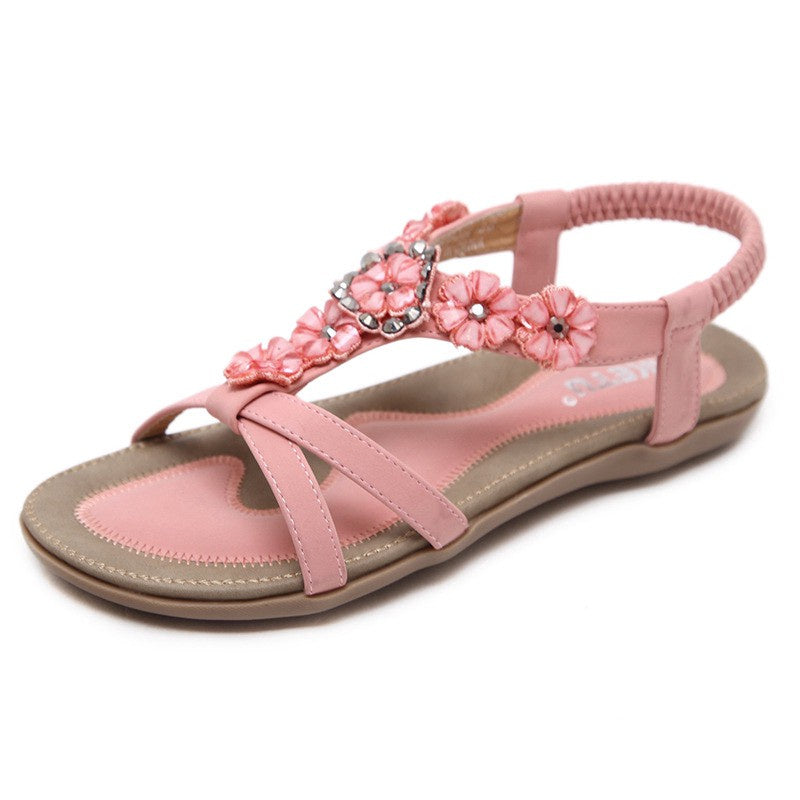 IELGY [Size35-42] Plus size beach shoes sweet bohemian flowers rhinestone casual flat sandals women