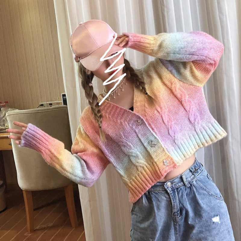 IELGY Fashion V-neck sweater women's personality tie-dye loose and versatile