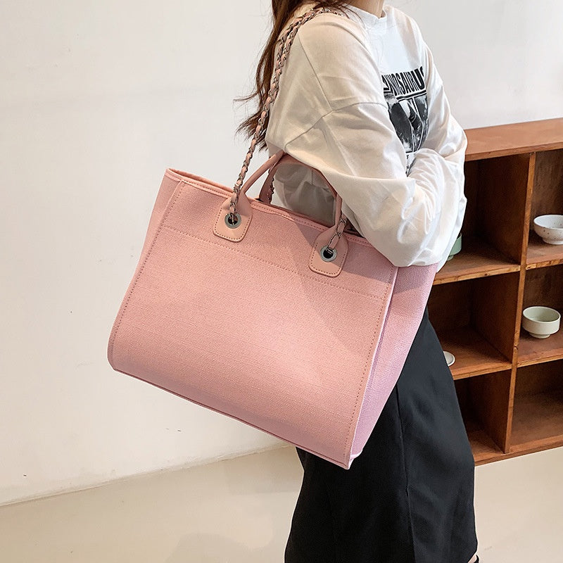 IELGY fashion texture one shoulder large capacity canvas chain tote bag for women