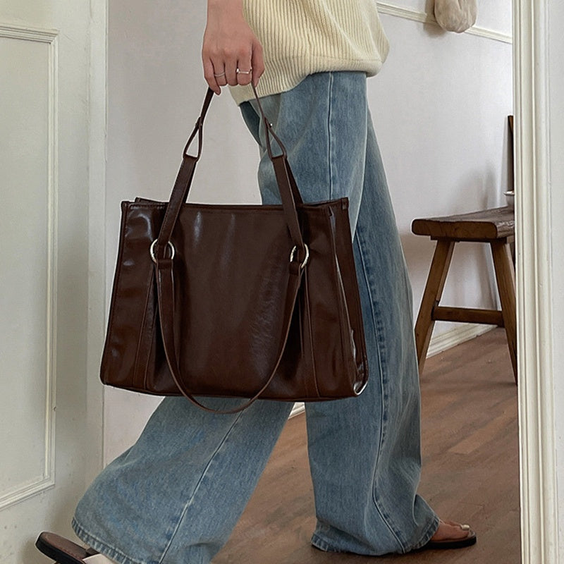 IELGY Handbag Women's Simple Retro Texture Large Capacity Commuting Square Tote Bag