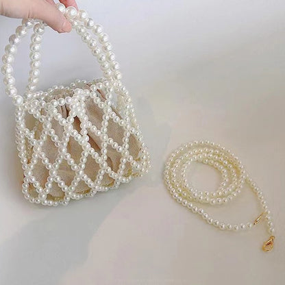 IELGY French Retro Fairy Bag Woven Beaded Bucket Bag Portable Crossbody Bag Summer Xiaozhong Design Hollow Pearl Bag