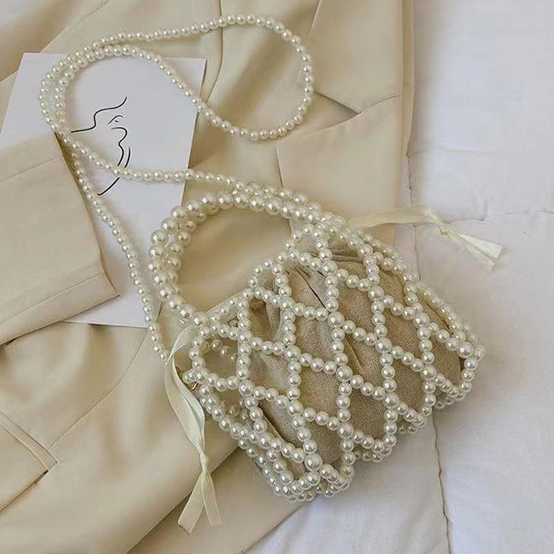 IELGY French Retro Fairy Bag Woven Beaded Bucket Bag Portable Crossbody Bag Summer Xiaozhong Design Hollow Pearl Bag