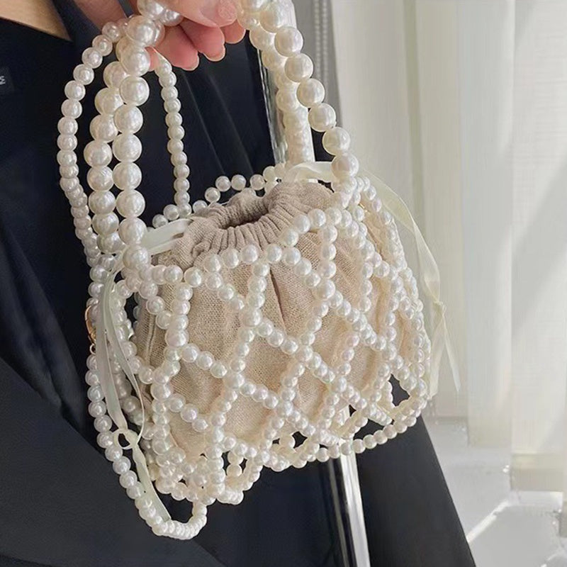 IELGY French Retro Fairy Bag Woven Beaded Bucket Bag Portable Crossbody Bag Summer Xiaozhong Design Hollow Pearl Bag