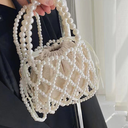 IELGY French Retro Fairy Bag Woven Beaded Bucket Bag Portable Crossbody Bag Summer Xiaozhong Design Hollow Pearl Bag