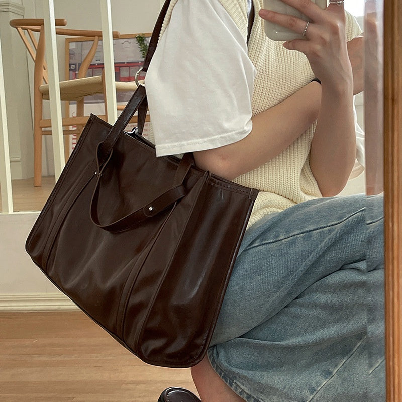 IELGY Handbag Women's Simple Retro Texture Large Capacity Commuting Square Tote Bag
