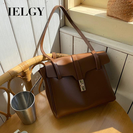 IELGY tote bag women's soft leather large capacity fashion retro flip commuter bag
