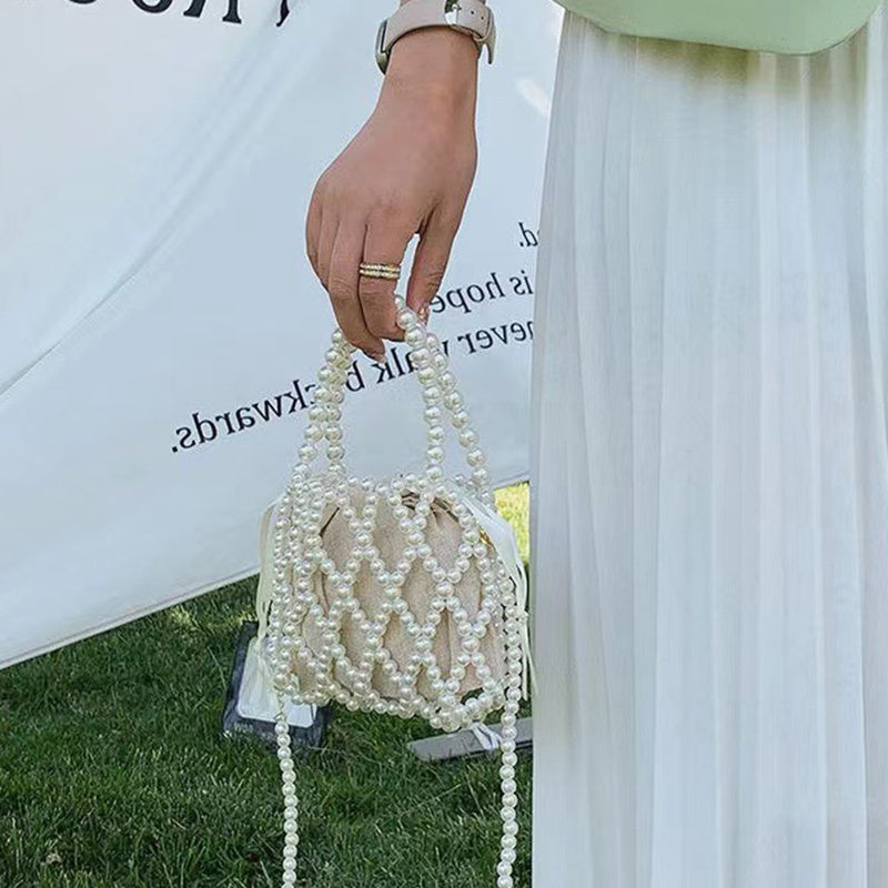 IELGY French Retro Fairy Bag Woven Beaded Bucket Bag Portable Crossbody Bag Summer Xiaozhong Design Hollow Pearl Bag