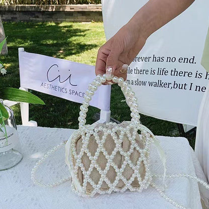 IELGY French Retro Fairy Bag Woven Beaded Bucket Bag Portable Crossbody Bag Summer Xiaozhong Design Hollow Pearl Bag