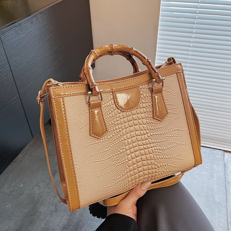 Ielgy Tote Bag Casual Large Capacity Crocodile Pattern Bamboo Handbag
