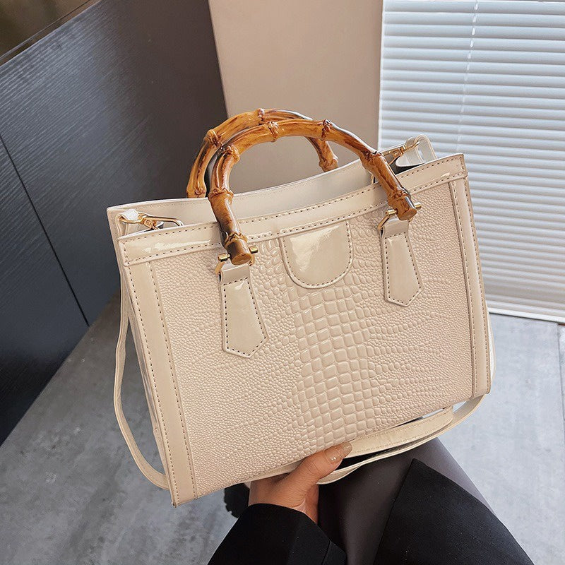 Ielgy Tote Bag Casual Large Capacity Crocodile Pattern Bamboo Handbag