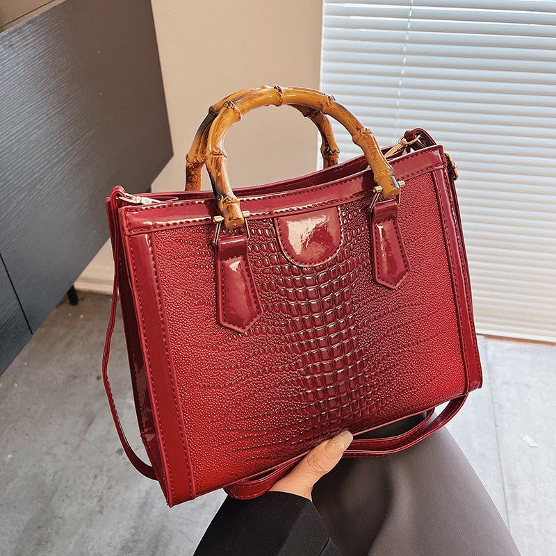 Ielgy Tote Bag Casual Large Capacity Crocodile Pattern Bamboo Handbag