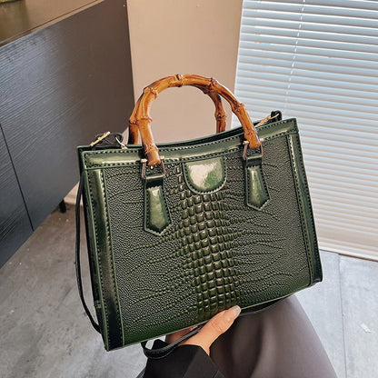 Ielgy Tote Bag Casual Large Capacity Crocodile Pattern Bamboo Handbag