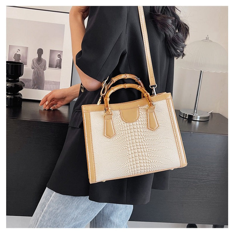 Ielgy Tote Bag Casual Large Capacity Crocodile Pattern Bamboo Handbag