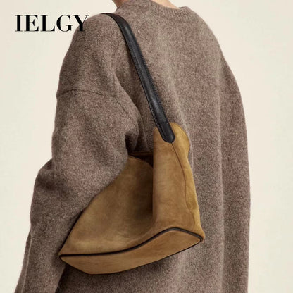 Ielgy Suede Leather Handbag Winter Fashion Old-fashioned Style High-End Lazy Style Tote Bag Retro Large-Capacity Shoulder Bag