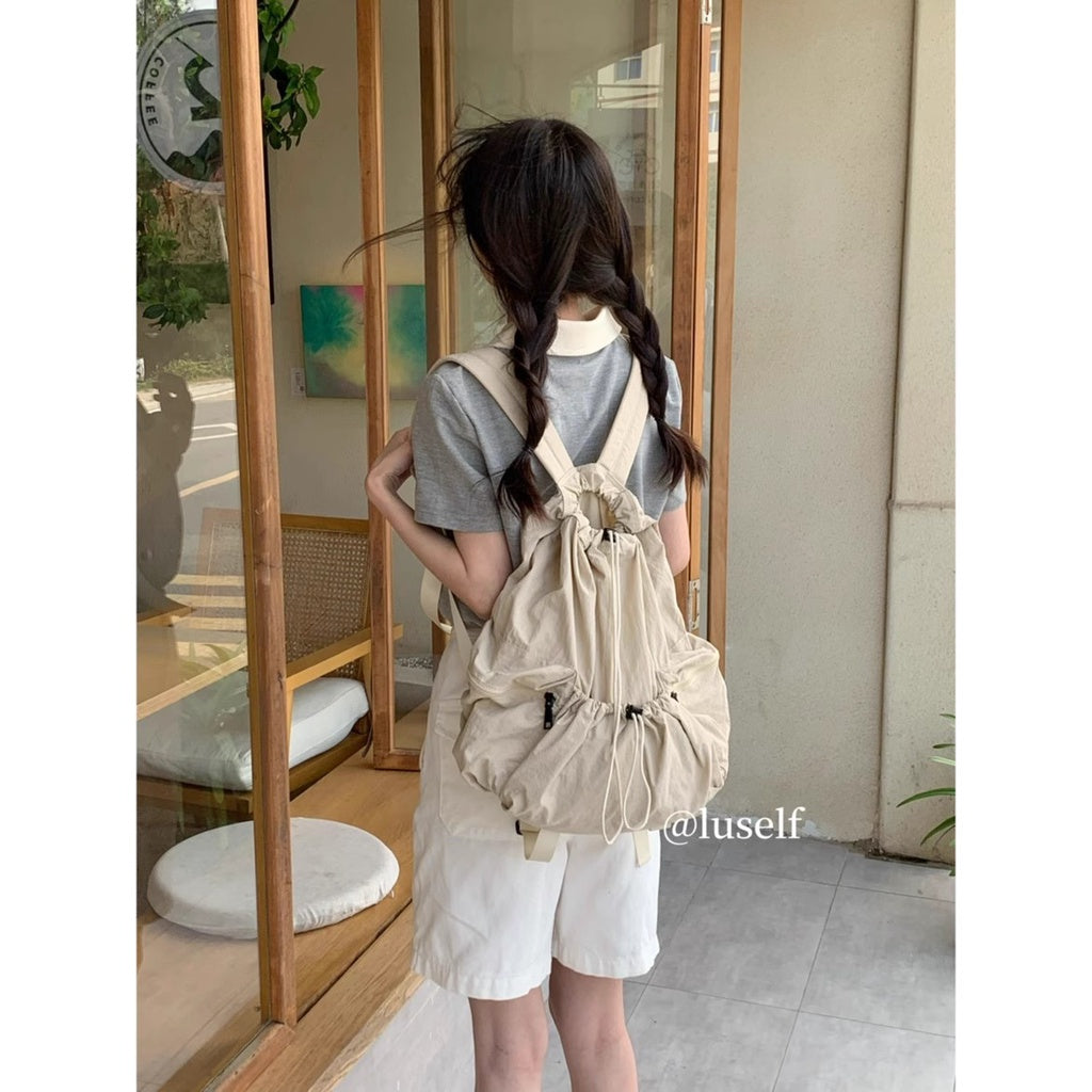 Ielgy Japanese Korean Drawstring Backpack Harajuku Style Large Capacity School Bag Casual All-Match Pleated Nylon Canvas Backpack