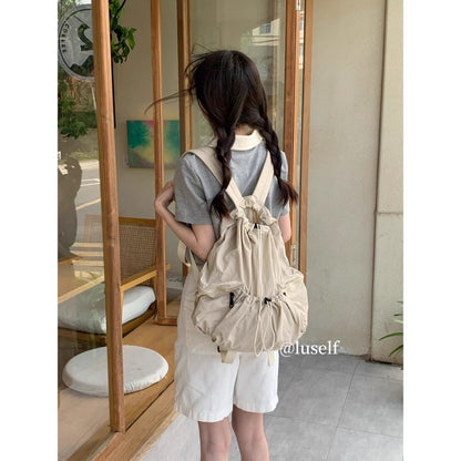 Ielgy Japanese Korean Drawstring Backpack Harajuku Style Large Capacity School Bag Casual All-Match Pleated Nylon Canvas Backpack