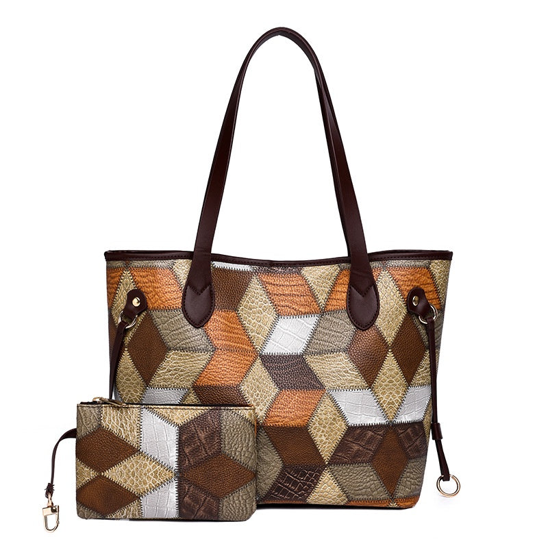 Ielgy Ladies Fashion Stitching Tote Bag Contrast Color Handbag Large Capacity Child-Mother Bag