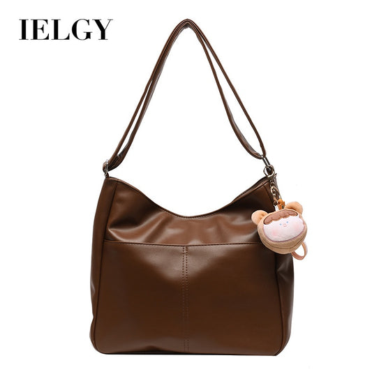Ielgy Ladies Soft Leather Retro Bucket Bag Large Capacity Cross-body Shoulder Tote Bag (Free Pendant)