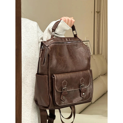 Ielgy Ladies Brown Backpack Retro British Style College Student Schoolbag Korean Version Simple Fashion Travel Backpack