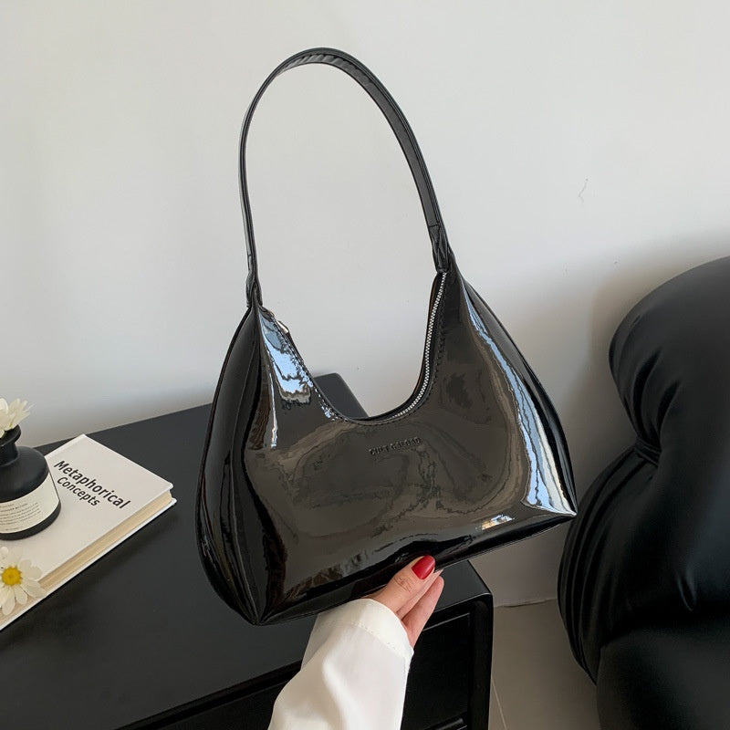 Ielgy Ladies Patent Leather Bag Baguette Crescent Bag Ladies Shoulder Handbag Texture Fashion Underarm Bag