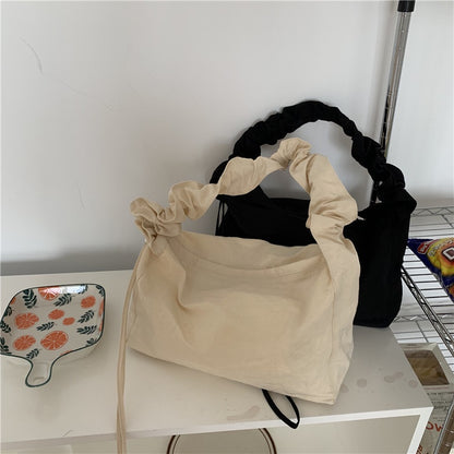 Ielgy Small Fresh Literary Solid Color Ladies Canvas Bag Korean Version One Shoulder Pleated Drawstring Portable Diagonal Casual Bag