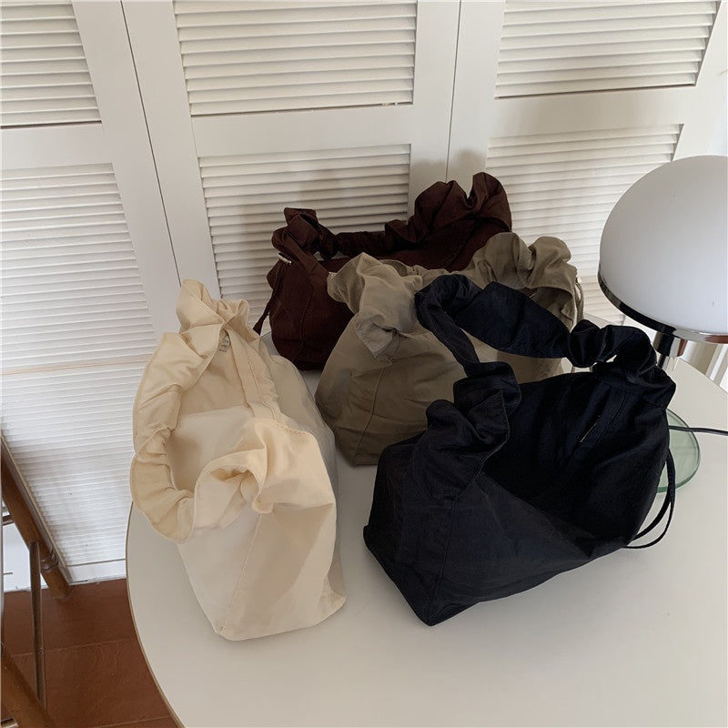 Ielgy Small Fresh Literary Solid Color Ladies Canvas Bag Korean Version One Shoulder Pleated Drawstring Portable Diagonal Casual Bag