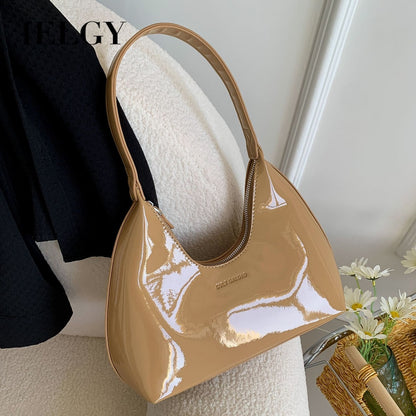 Ielgy Ladies Patent Leather Bag Baguette Crescent Bag Ladies Shoulder Handbag Texture Fashion Underarm Bag