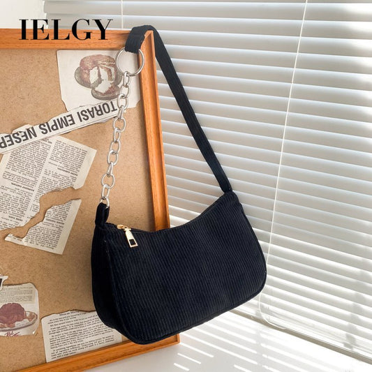 Ielgy Ladies Portable Small Square Bag Plush Shoulder Fashion Retro Corduroy Underarm Baguette Bag