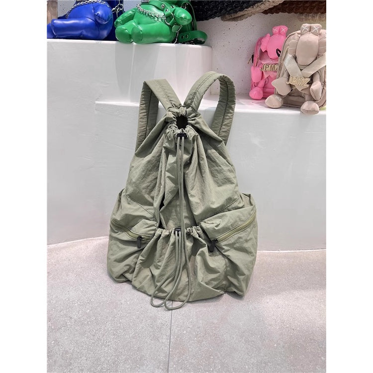 Ielgy Japanese Korean Drawstring Backpack Harajuku Style Large Capacity School Bag Casual All-Match Pleated Nylon Canvas Backpack