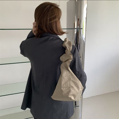 Ielgy Small Fresh Literary Solid Color Ladies Canvas Bag Korean Version One Shoulder Pleated Drawstring Portable Diagonal Casual Bag