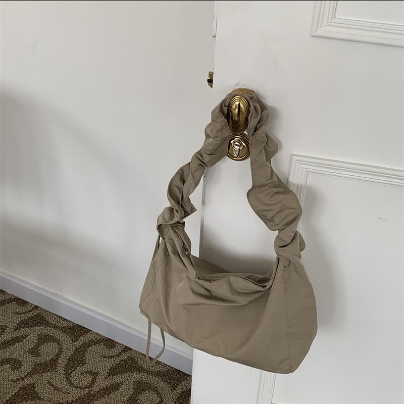 Ielgy Small Fresh Literary Solid Color Ladies Canvas Bag Korean Version One Shoulder Pleated Drawstring Portable Diagonal Casual Bag