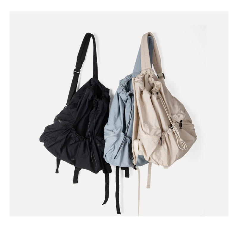 Ielgy Japanese Korean Drawstring Backpack Harajuku Style Large Capacity School Bag Casual All-Match Pleated Nylon Canvas Backpack