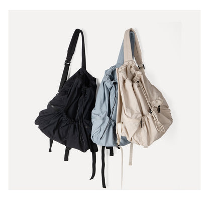 Ielgy Japanese Korean Drawstring Backpack Harajuku Style Large Capacity School Bag Casual All-Match Pleated Nylon Canvas Backpack