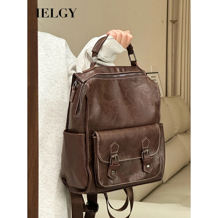 Ielgy Ladies Brown Backpack Retro British Style College Student Schoolbag Korean Version Simple Fashion Travel Backpack