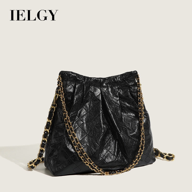 IELGY Ladies Rhombus Soft Leather Shoulder Messenger Bucket Bag Large Capacity