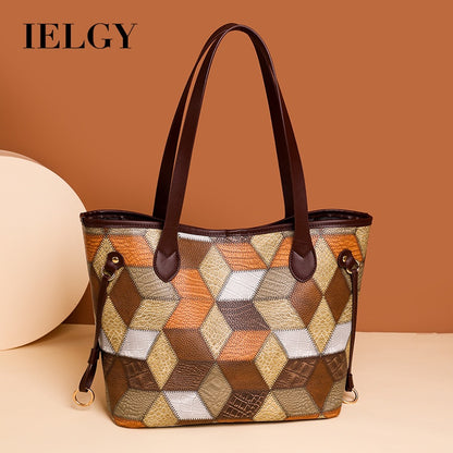 Ielgy Ladies Fashion Stitching Tote Bag Contrast Color Handbag Large Capacity Child-Mother Bag