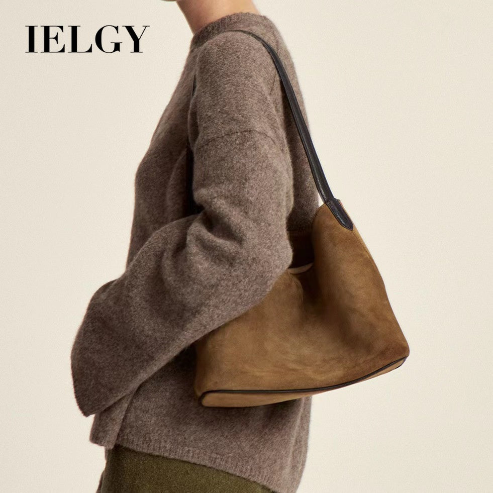 Ielgy Suede Leather Handbag Winter Fashion Old-fashioned Style High-End Lazy Style Tote Bag Retro Large-Capacity Shoulder Bag