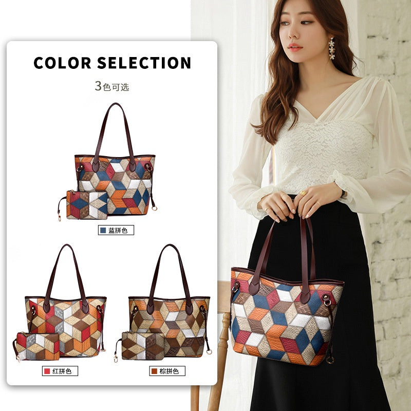 Ielgy Ladies Fashion Stitching Tote Bag Contrast Color Handbag Large Capacity Child-Mother Bag