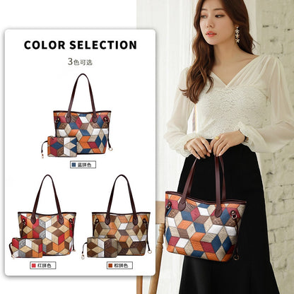 Ielgy Ladies Fashion Stitching Tote Bag Contrast Color Handbag Large Capacity Child-Mother Bag