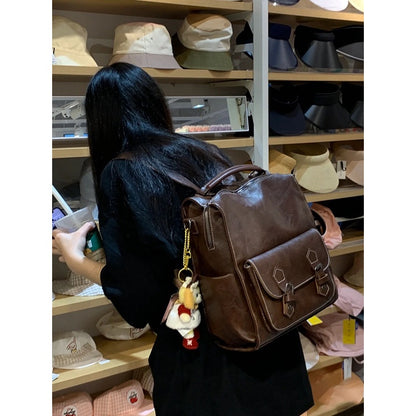 Ielgy Ladies Brown Backpack Retro British Style College Student Schoolbag Korean Version Simple Fashion Travel Backpack