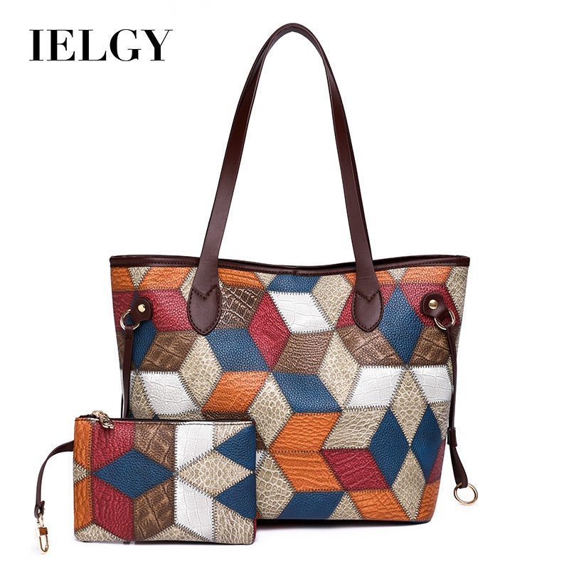 Ielgy Ladies Fashion Stitching Tote Bag Contrast Color Handbag Large Capacity Child-Mother Bag