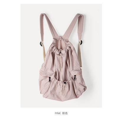 Ielgy Japanese Korean Drawstring Backpack Harajuku Style Large Capacity School Bag Casual All-Match Pleated Nylon Canvas Backpack