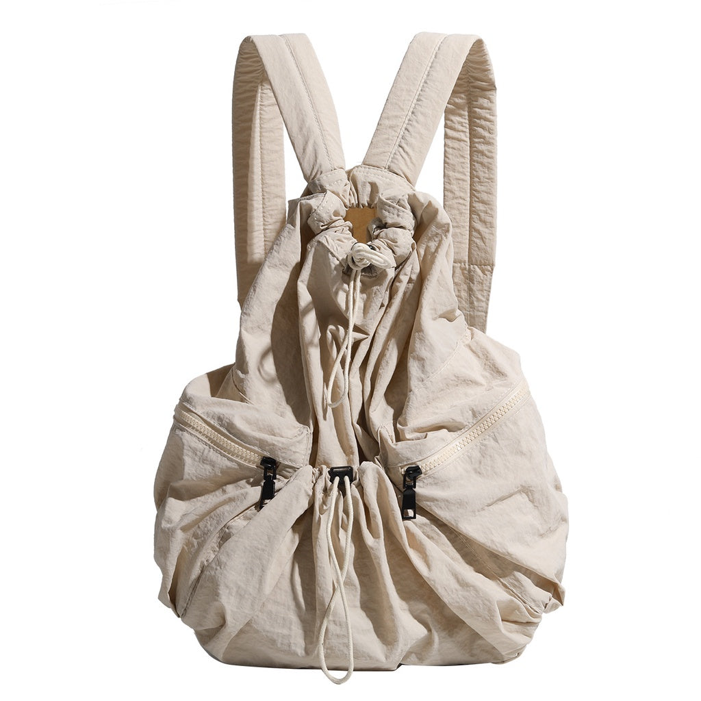 Ielgy Japanese Korean Drawstring Backpack Harajuku Style Large Capacity School Bag Casual All-Match Pleated Nylon Canvas Backpack